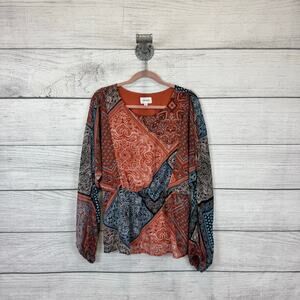 Heyson Women's Orange Blue Bandana Printed Long Sleeve Blouse Size Large